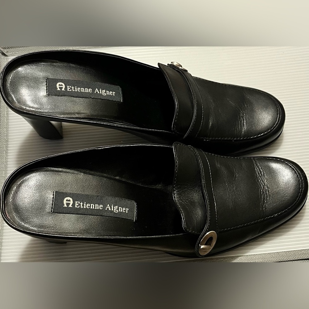 Etienne Aigner Black Leather Loafers Slip-On Shoes, size 8.5